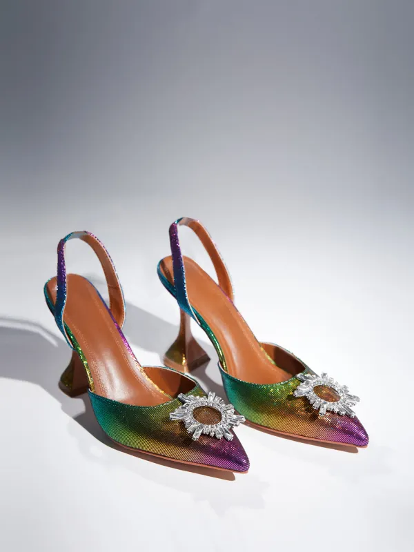 Avalira Rhinestone Slingback Flared Heels In Multi sold by Mew Mews