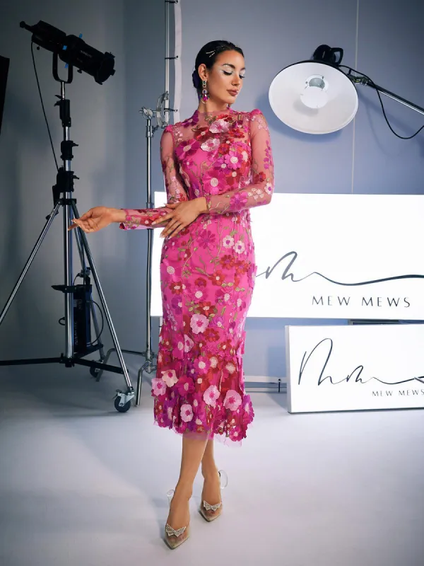 Amara Long Sleeve Embroidered Midi Dress In Hot Pink sold by Mew Mews
