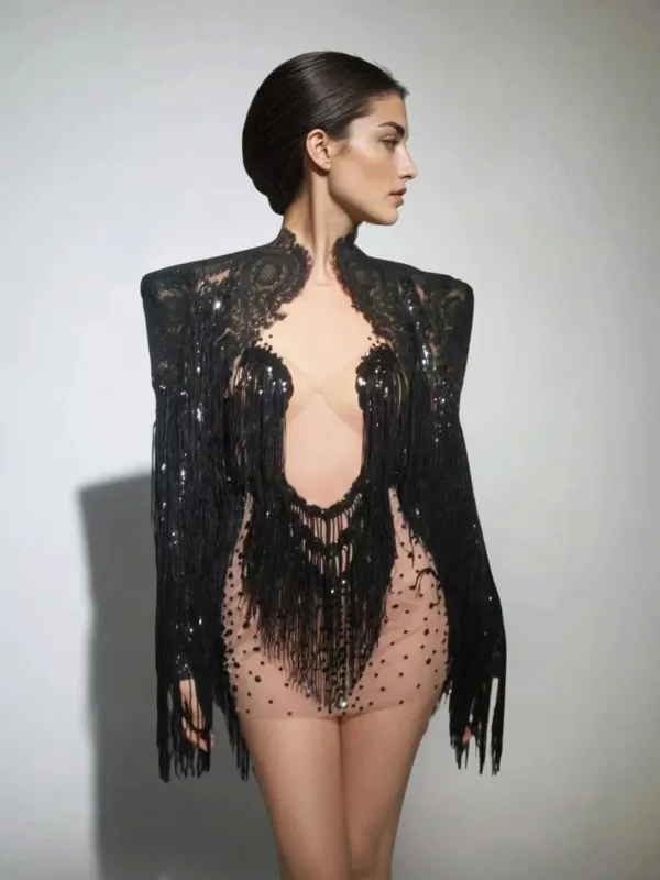 Cyvra Fringe Mesh Mini Dress With Coat In Black sold by Mew Mews