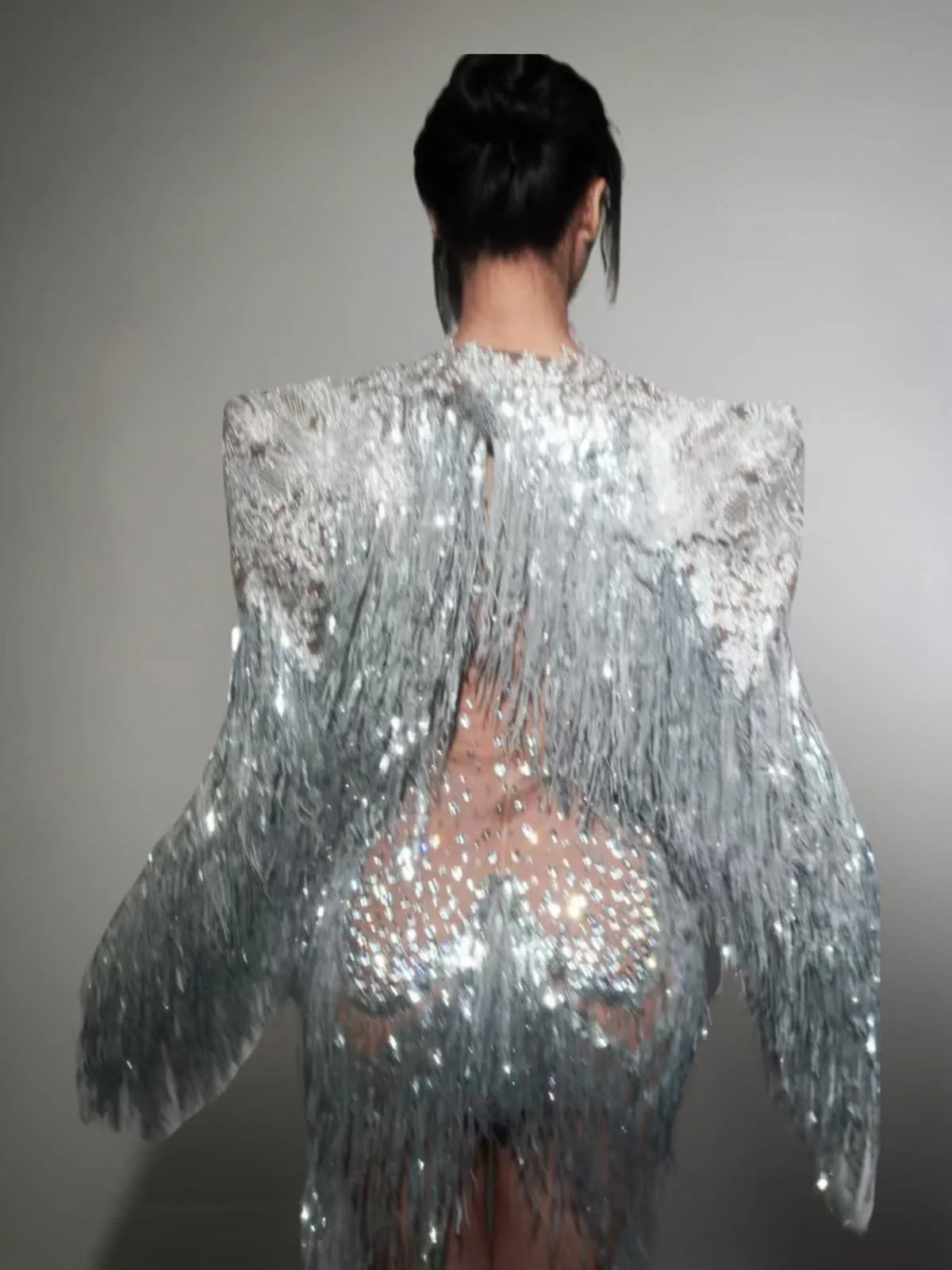 Cyvra Fringe Mesh Mini Dress With Coat In Silver sold by Mew Mews product image thumbnail 2