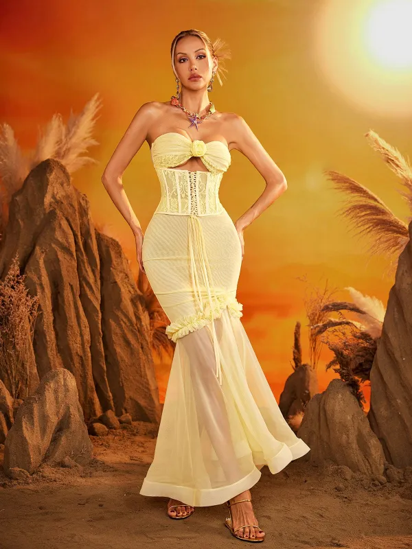 Ezrion Strapless Lace Up Mesh Maxi Dress sold by Mew Mews