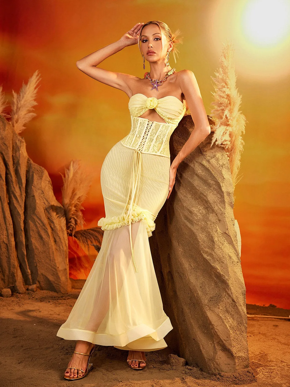 Ezrion Strapless Lace Up Mesh Maxi Dress sold by Mew Mews product image thumbnail 5