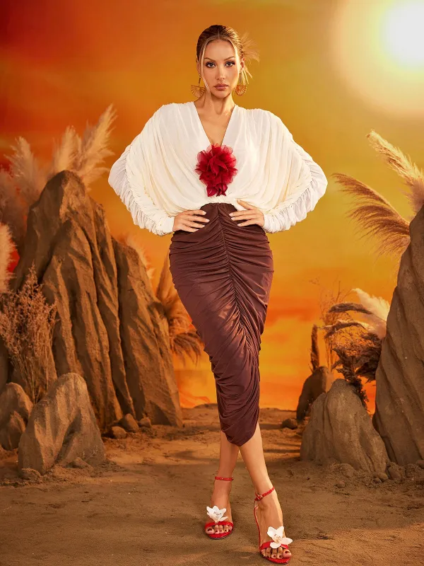 Eldrik V Neck Flower Ruched Midi Dress made by Mew Mews