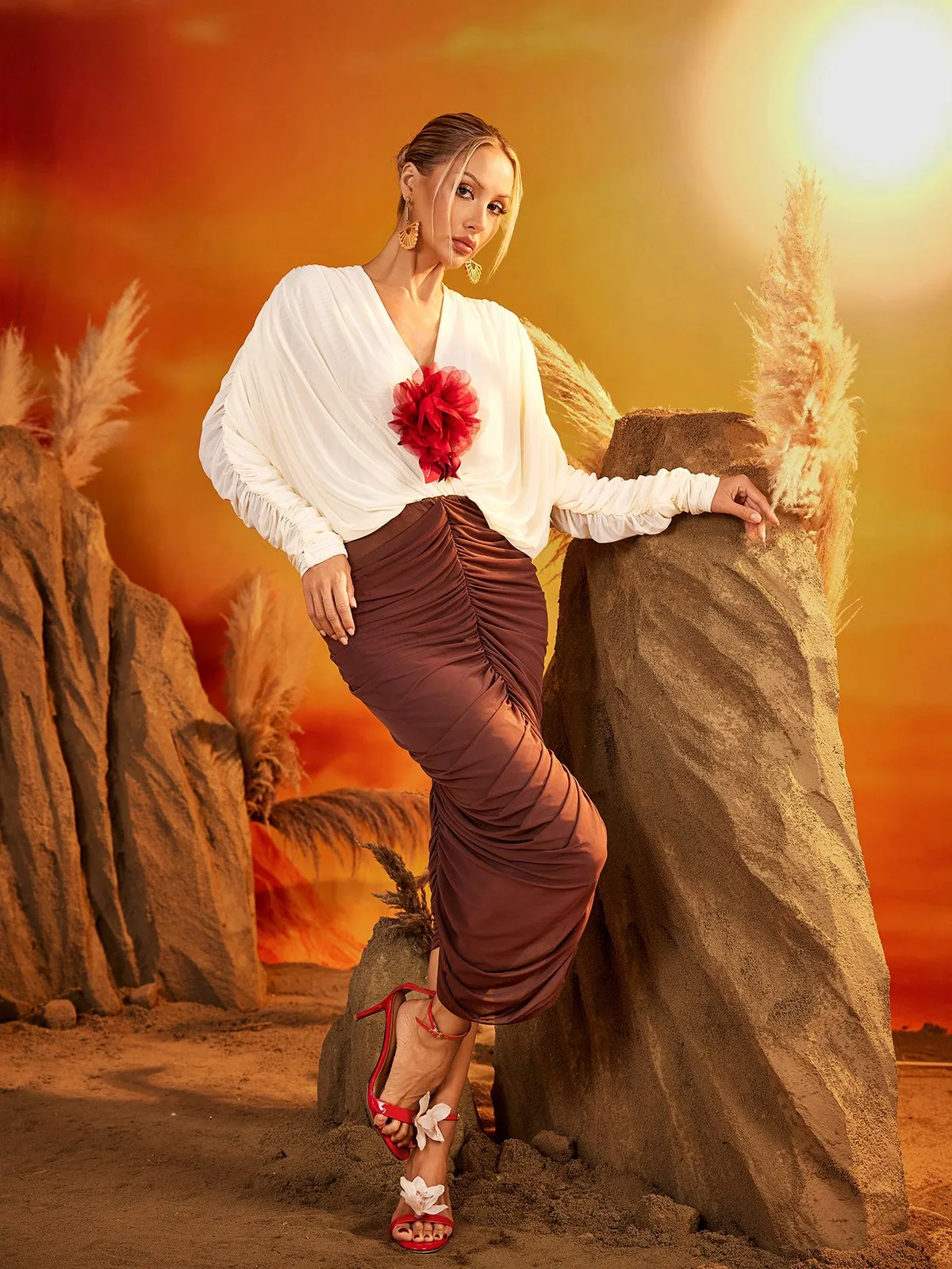 Eldrik V Neck Flower Ruched Midi Dress sold by Mew Mews product image thumbnail 4