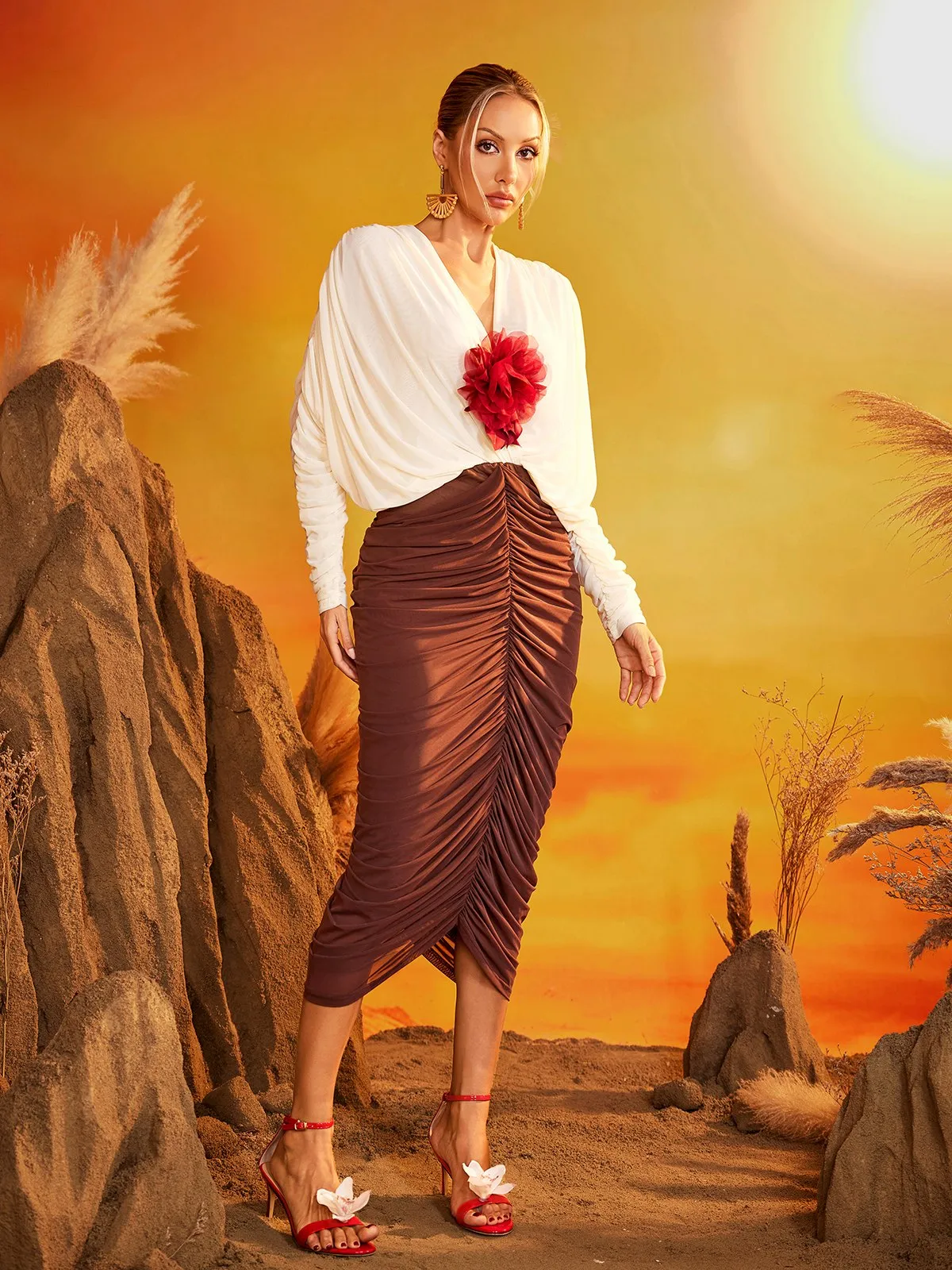 Eldrik V Neck Flower Ruched Midi Dress sold by Mew Mews product image thumbnail 2