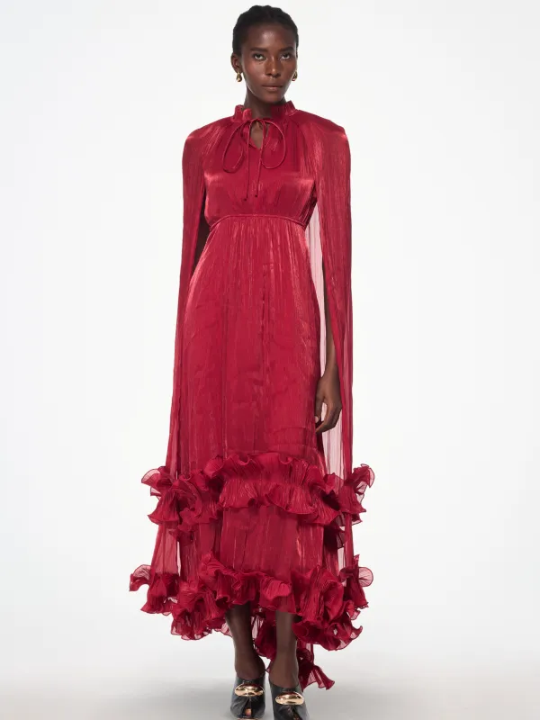 Itziar Shawl Ruffle Maxi Dress In Wine sold by Mew Mews