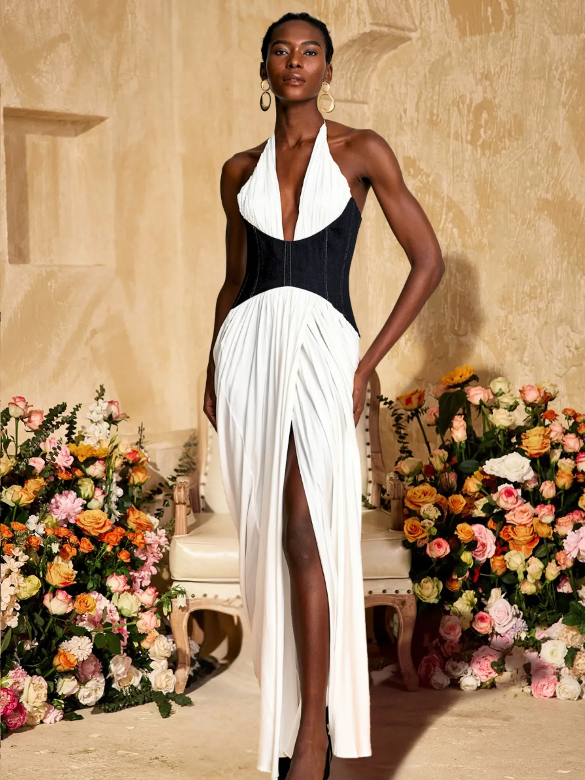 Ivie V Neck Ruched Split Maxi Dress sold by Mew Mews