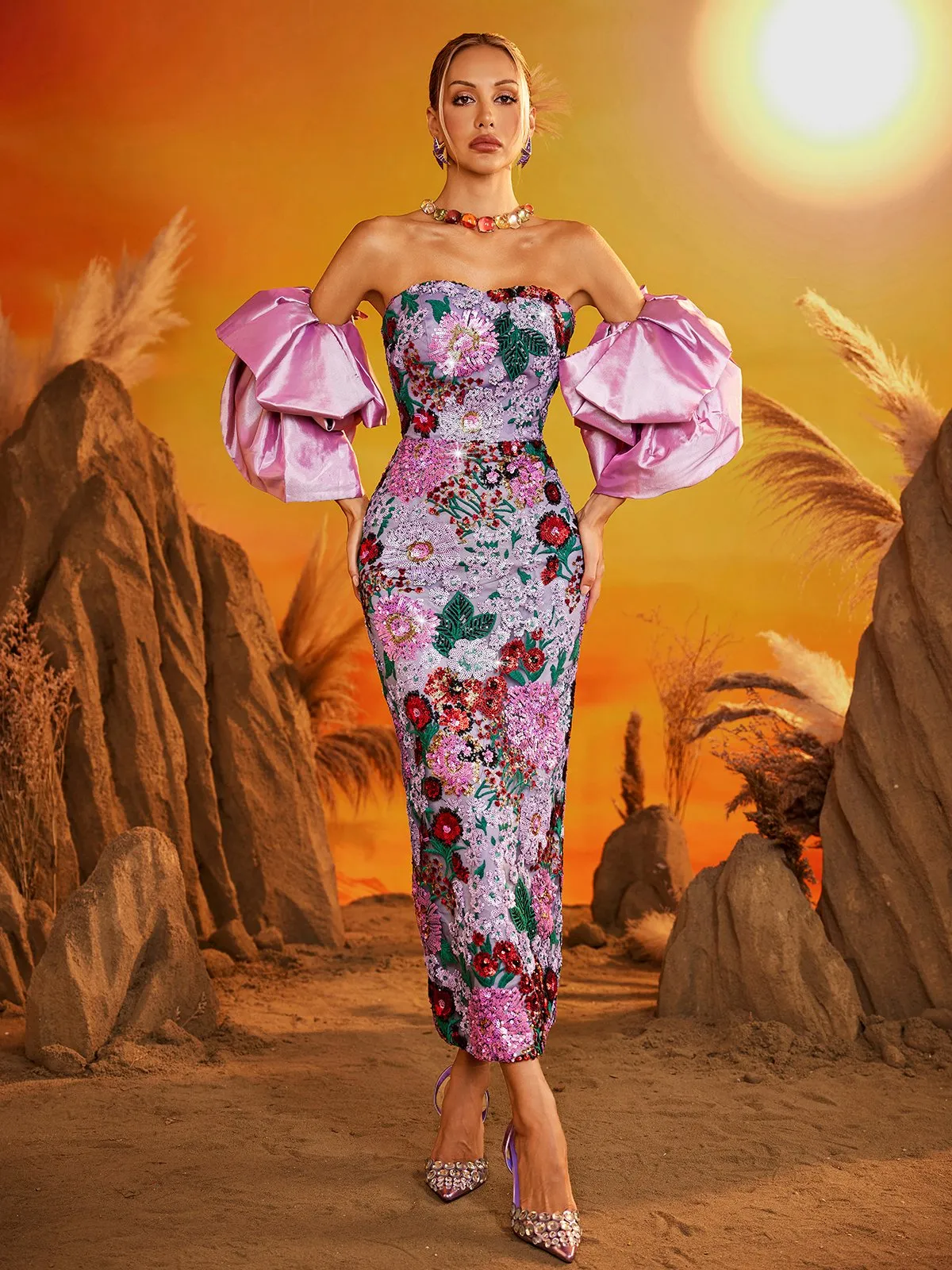 Faelith Puff Sleeve Floral Midi Dress sold by Mew Mews