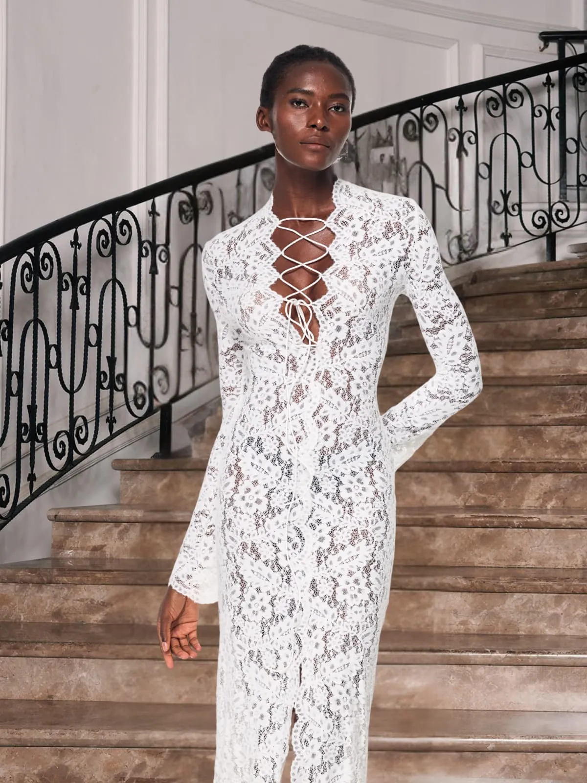 Gryndis Lace Up Split Lace Midi Dress sold by Mew Mews product image thumbnail 4