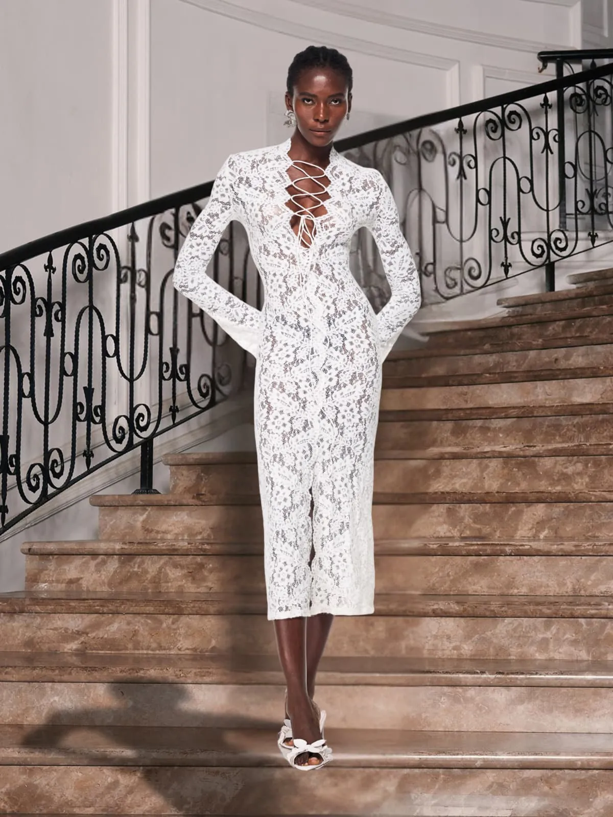 Gryndis Lace Up Split Lace Midi Dress sold by Mew Mews