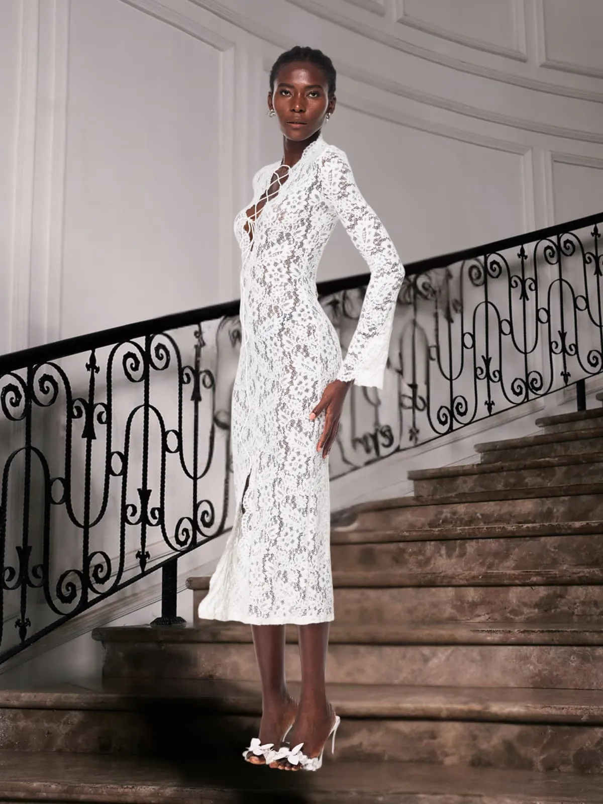 Gryndis Lace Up Split Lace Midi Dress sold by Mew Mews product image thumbnail 5