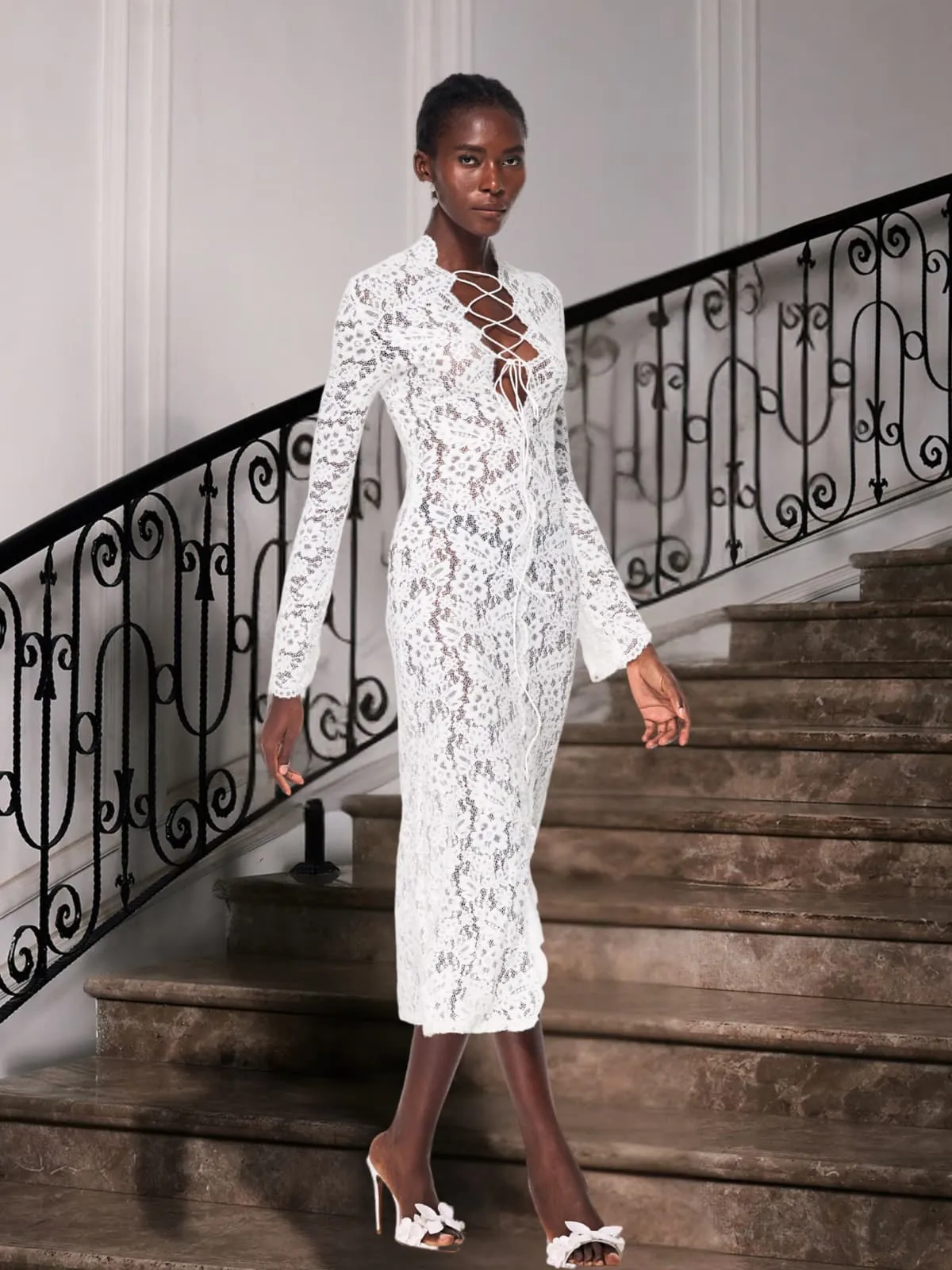 Gryndis Lace Up Split Lace Midi Dress sold by Mew Mews product image thumbnail 3