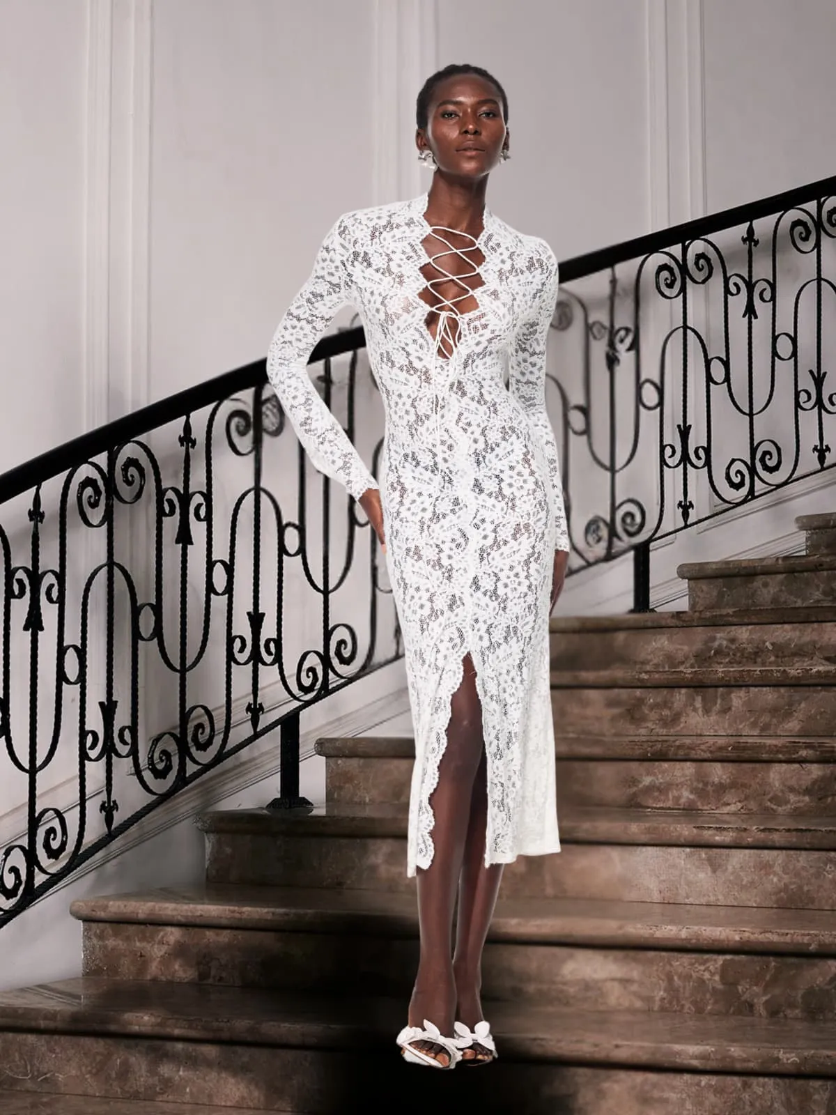 Gryndis Lace Up Split Lace Midi Dress sold by Mew Mews product image thumbnail 2