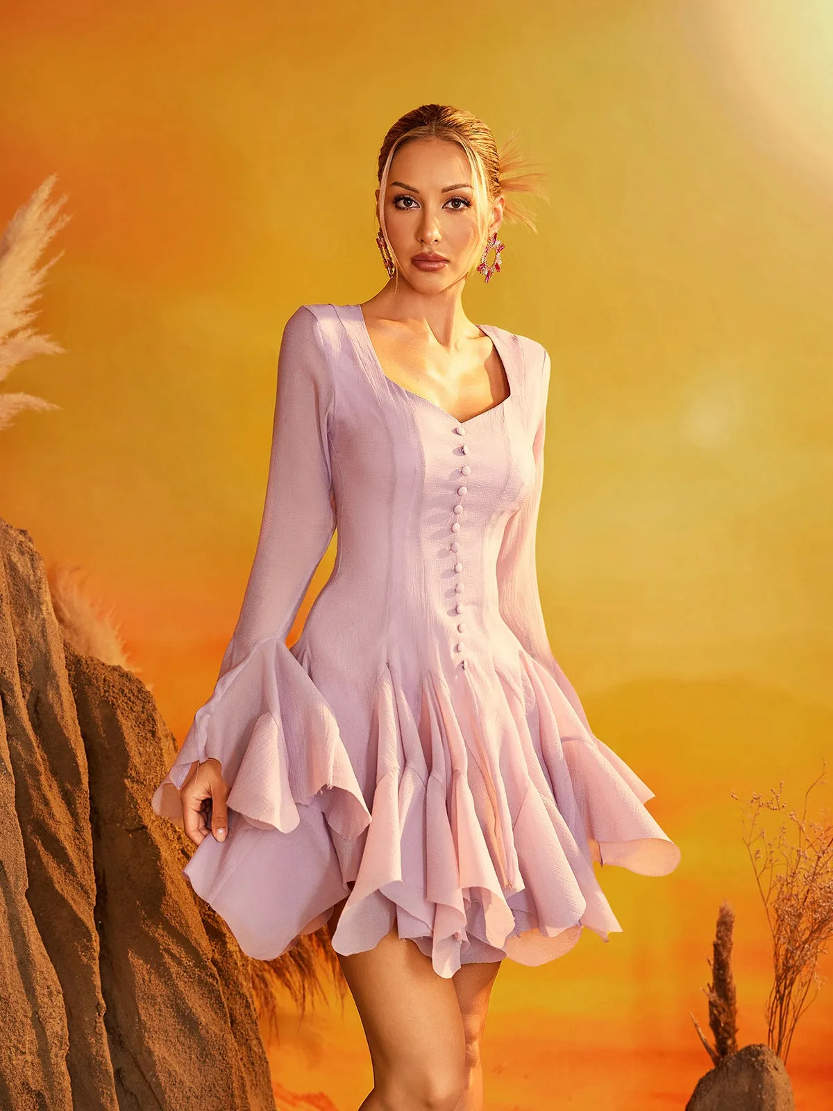 Faldrex Flare Sleeve Ruffle Mini Dress In Pink sold by Mew Mews product image thumbnail 2