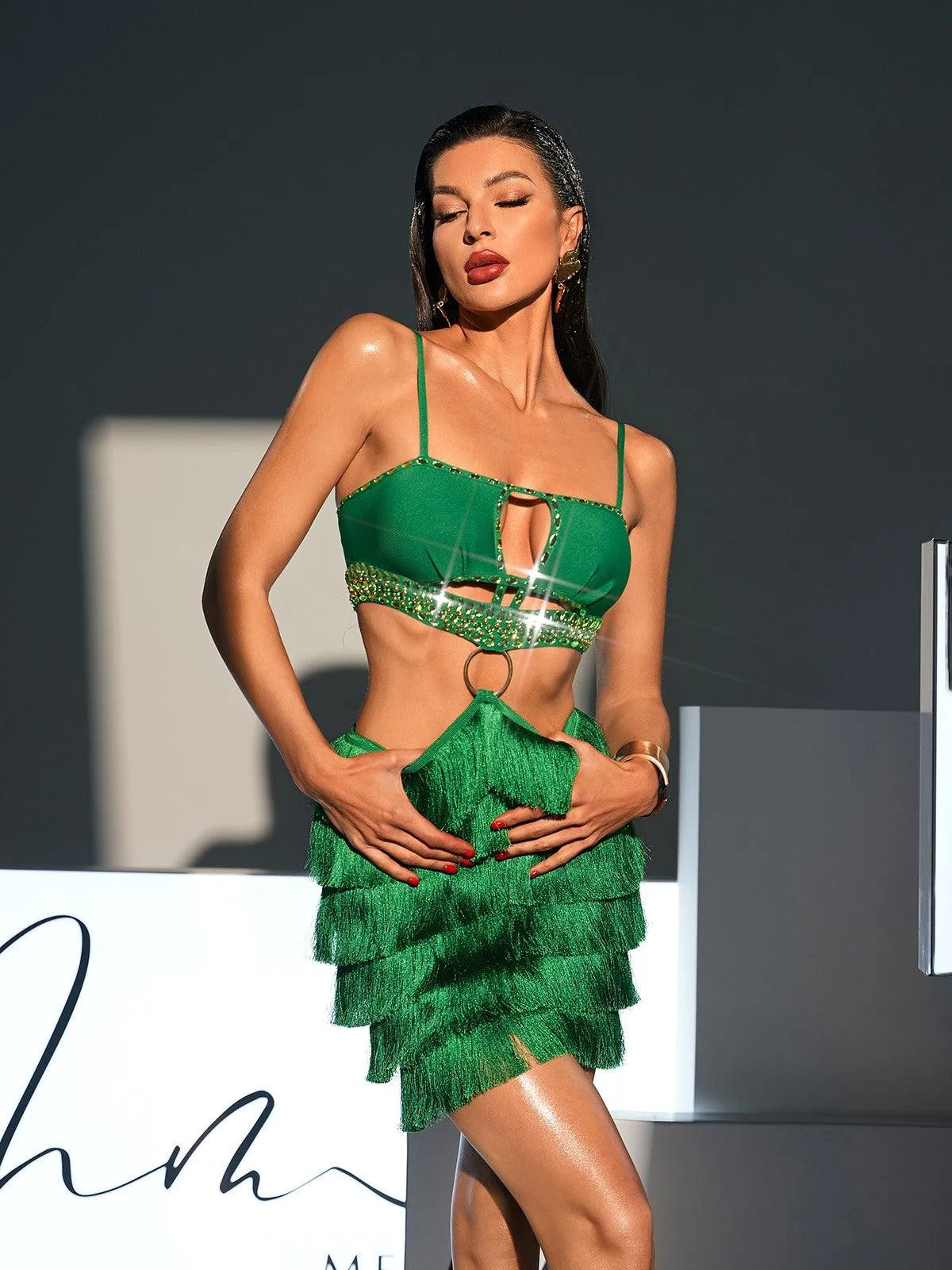 Osiris Rhinestone Cutout Fringe Bandage Dress In Green sold by Mew Mews product image thumbnail 2