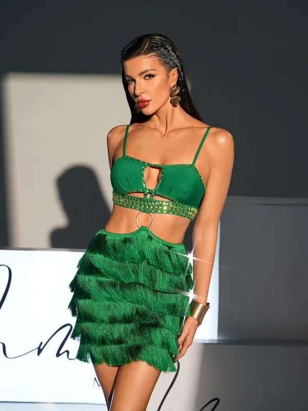 Osiris Rhinestone Cutout Fringe Bandage Dress In Green sold by Mew Mews