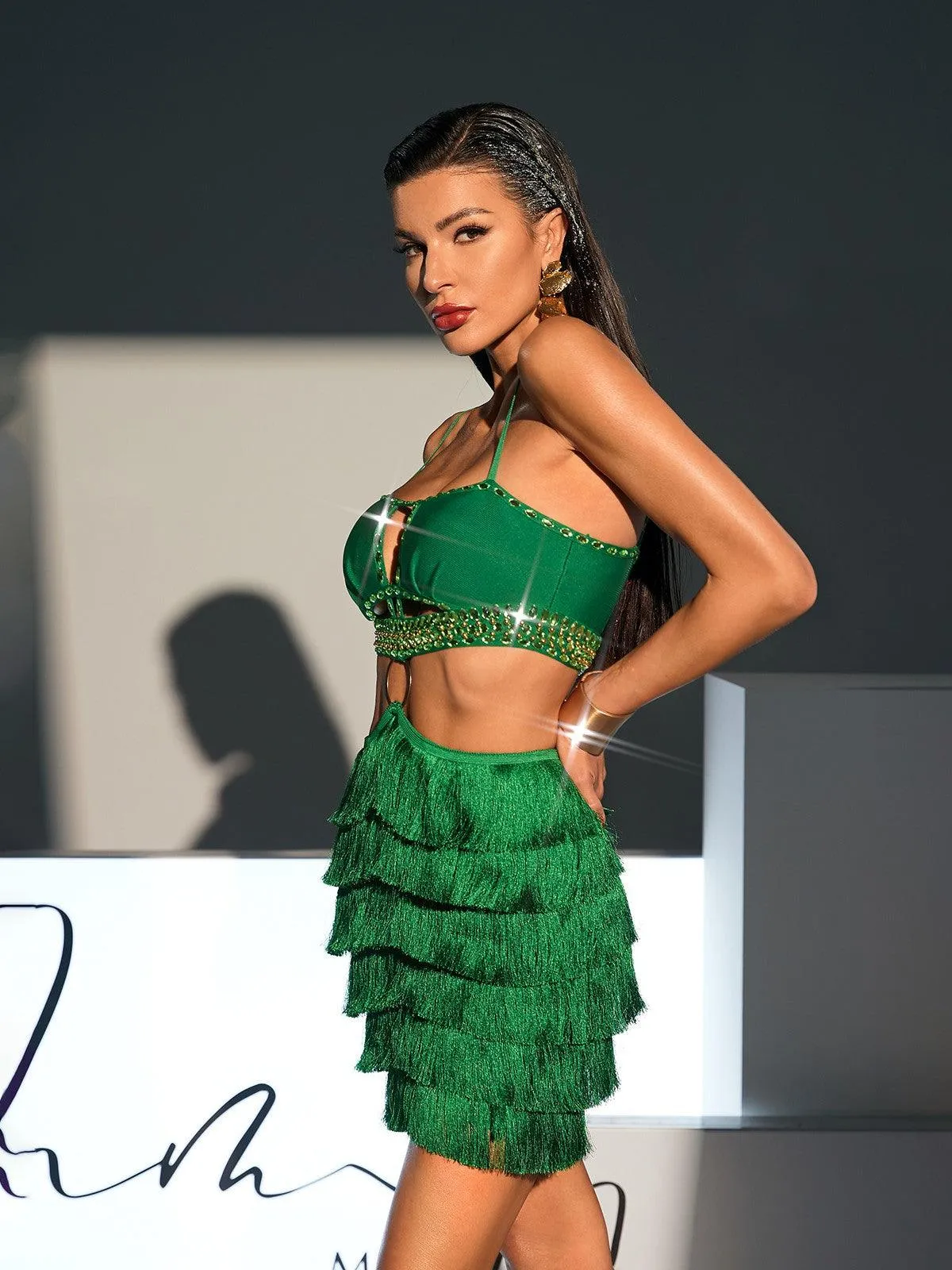 Osiris Rhinestone Cutout Fringe Bandage Dress In Green sold by Mew Mews product image thumbnail 3