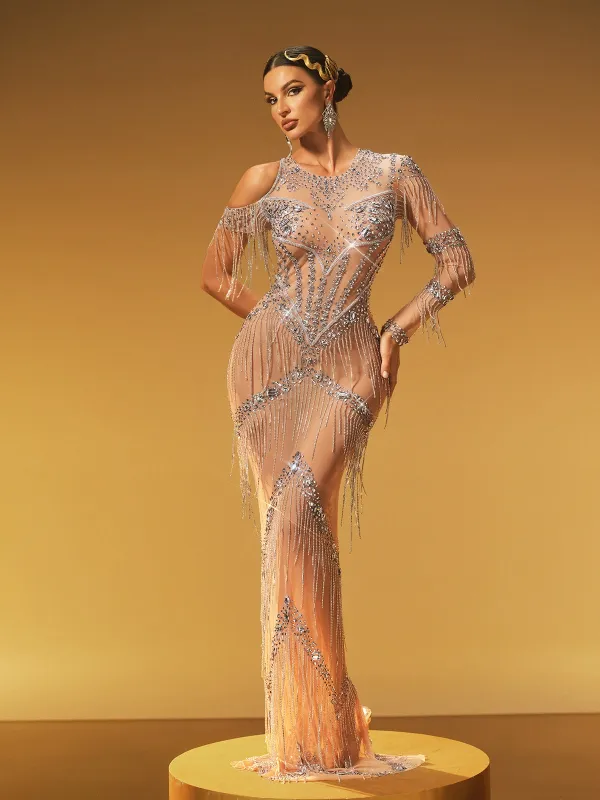 Haelthar One Shoulder Fringe Crystal Maxi Dress sold by Mew Mews