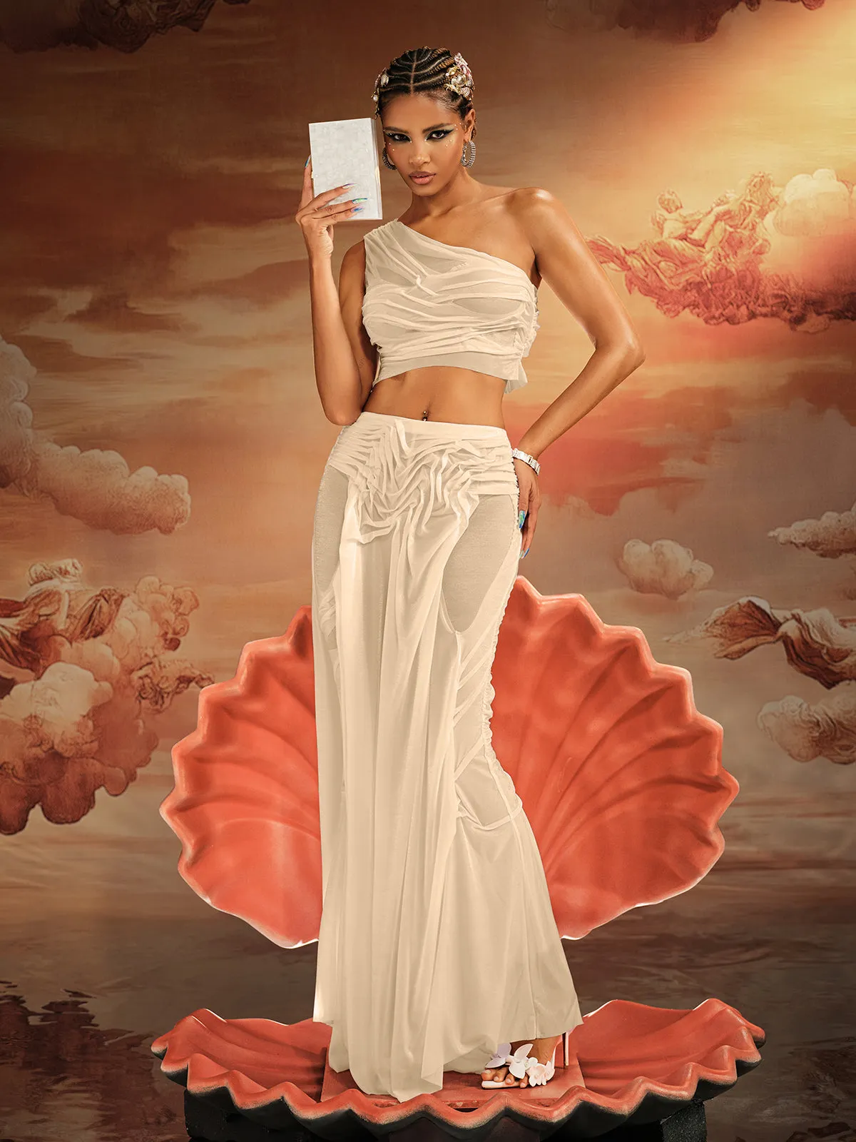 Akiye One Shoulder Ruched Skirt Set In Champagne sold by Mew Mews product image thumbnail 2
