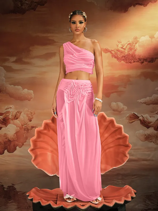Akiye One Shoulder Ruched Skirt Set In Pink sold by Mew Mews