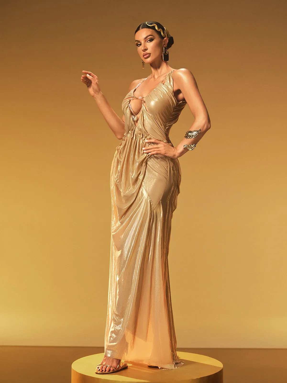 Daiki Halterneck Ruched Maxi Dress In Brown sold by Mew Mews product image thumbnail 2