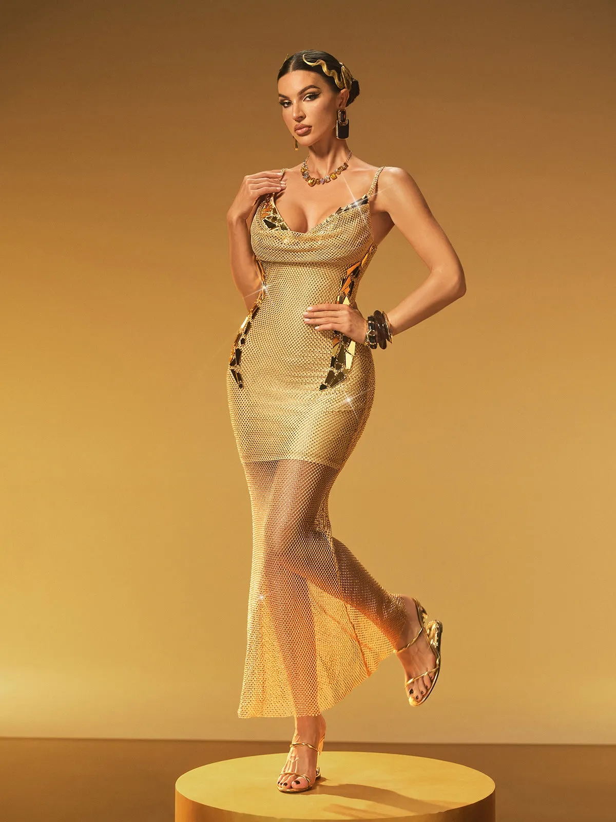 Kaelvix Spaghetti Rhinestone Mesh Maxi Dress sold by Mew Mews product image thumbnail 4