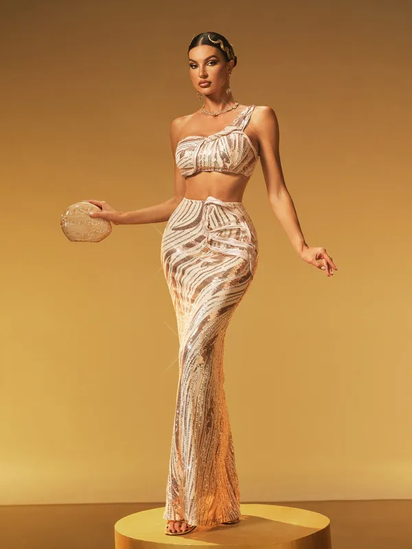 Jaelthar One Shoulder Sequin Skirt Set In Apricot sold by Mew Mews