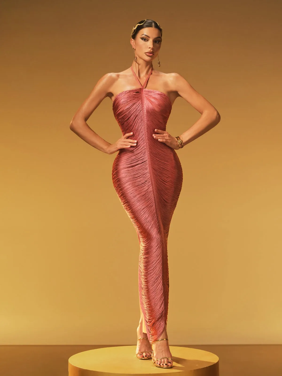 Bluma Halterneck Fringe Maxi Dress In Rosewood sold by Mew Mews product image thumbnail 3