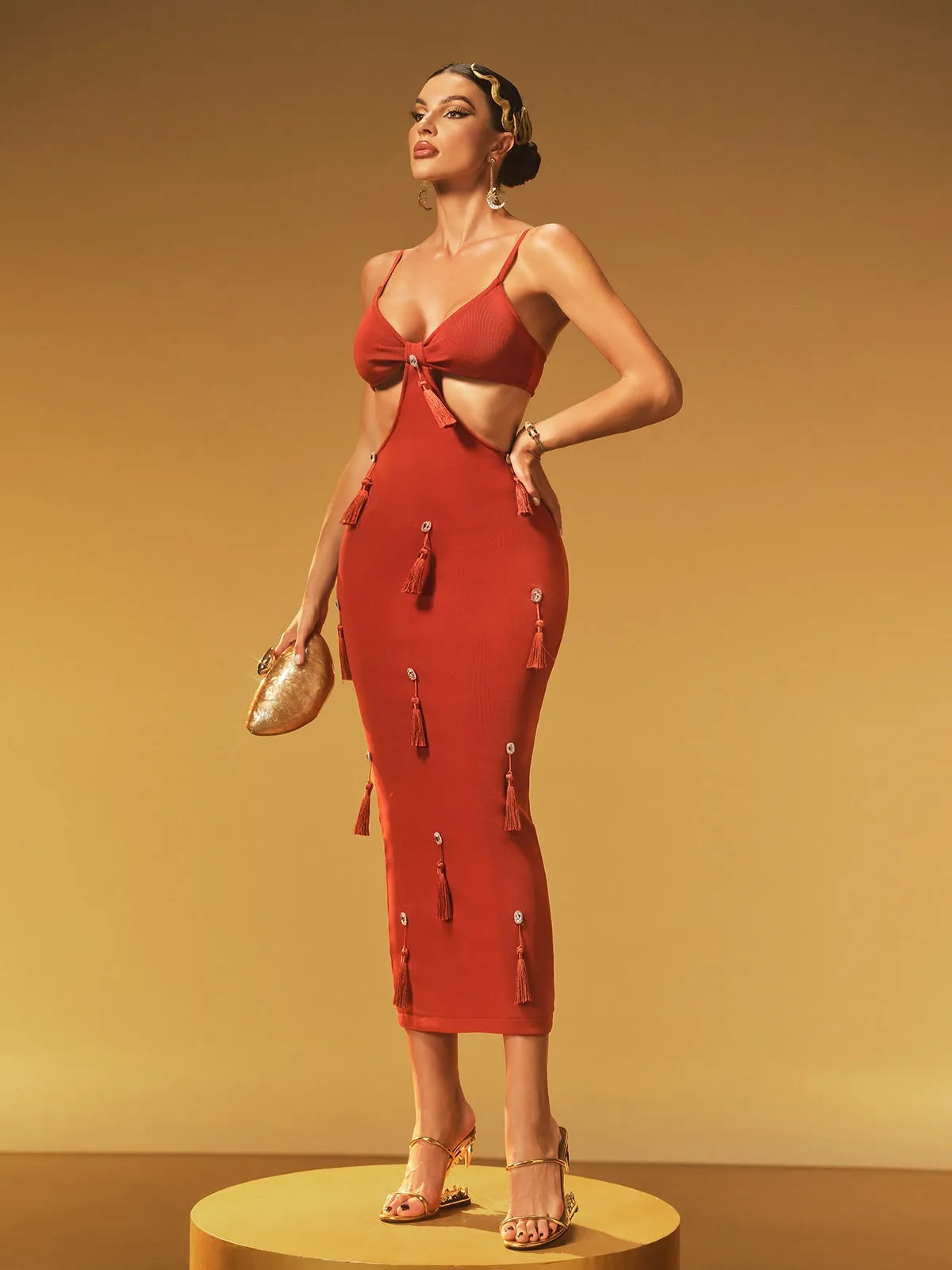 Jyrix Spaghetti Crystal Fringe Bandage Midi Dress sold by Mew Mews product image thumbnail 5