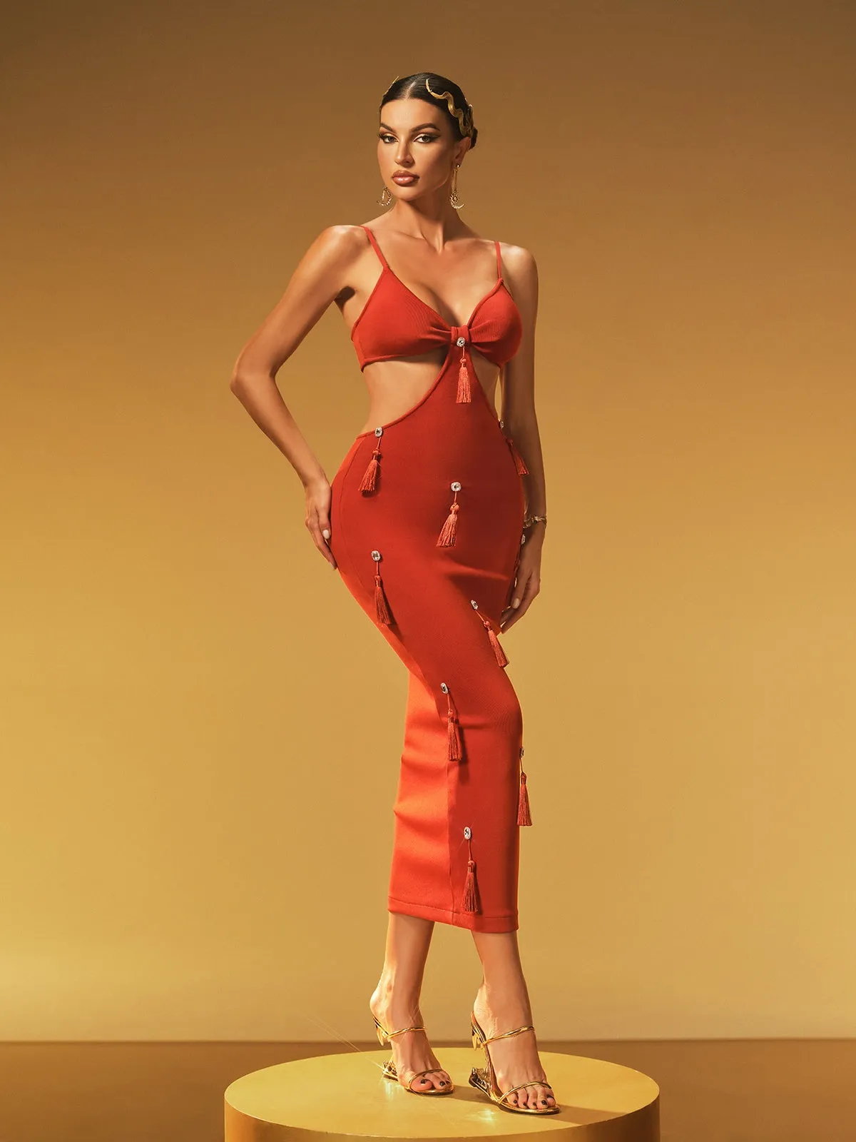 Jyrix Spaghetti Crystal Fringe Bandage Midi Dress sold by Mew Mews product image thumbnail 4