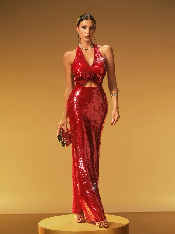 Jyrion Halterneck Flower Cutout Maxi Dress made by Mew Mews