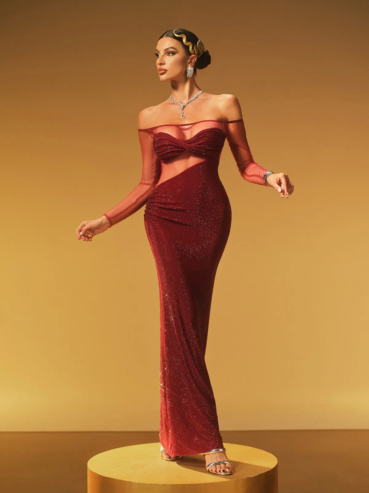 Hyria Off Shoulder Rhinestone Maxi Dress sold by Mew Mews product image thumbnail 5