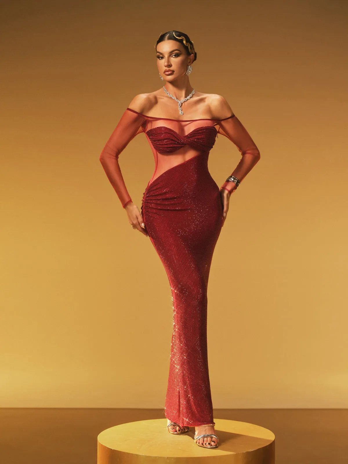 Hyria Off Shoulder Rhinestone Maxi Dress sold by Mew Mews