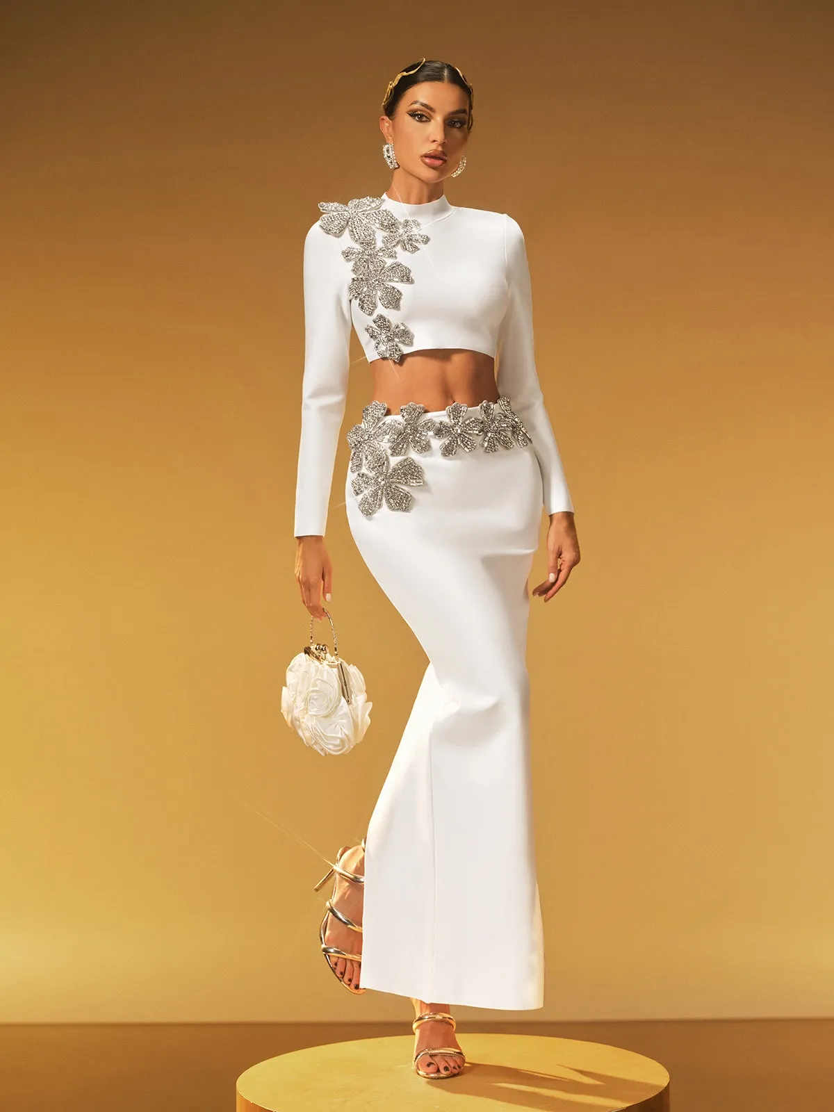 Almira Long Sleeve Flower Bandage Skirt Set In White sold by Mew Mews product image thumbnail 2