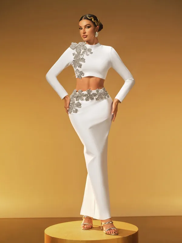 Almira Long Sleeve Flower Bandage Skirt Set In White sold by Mew Mews