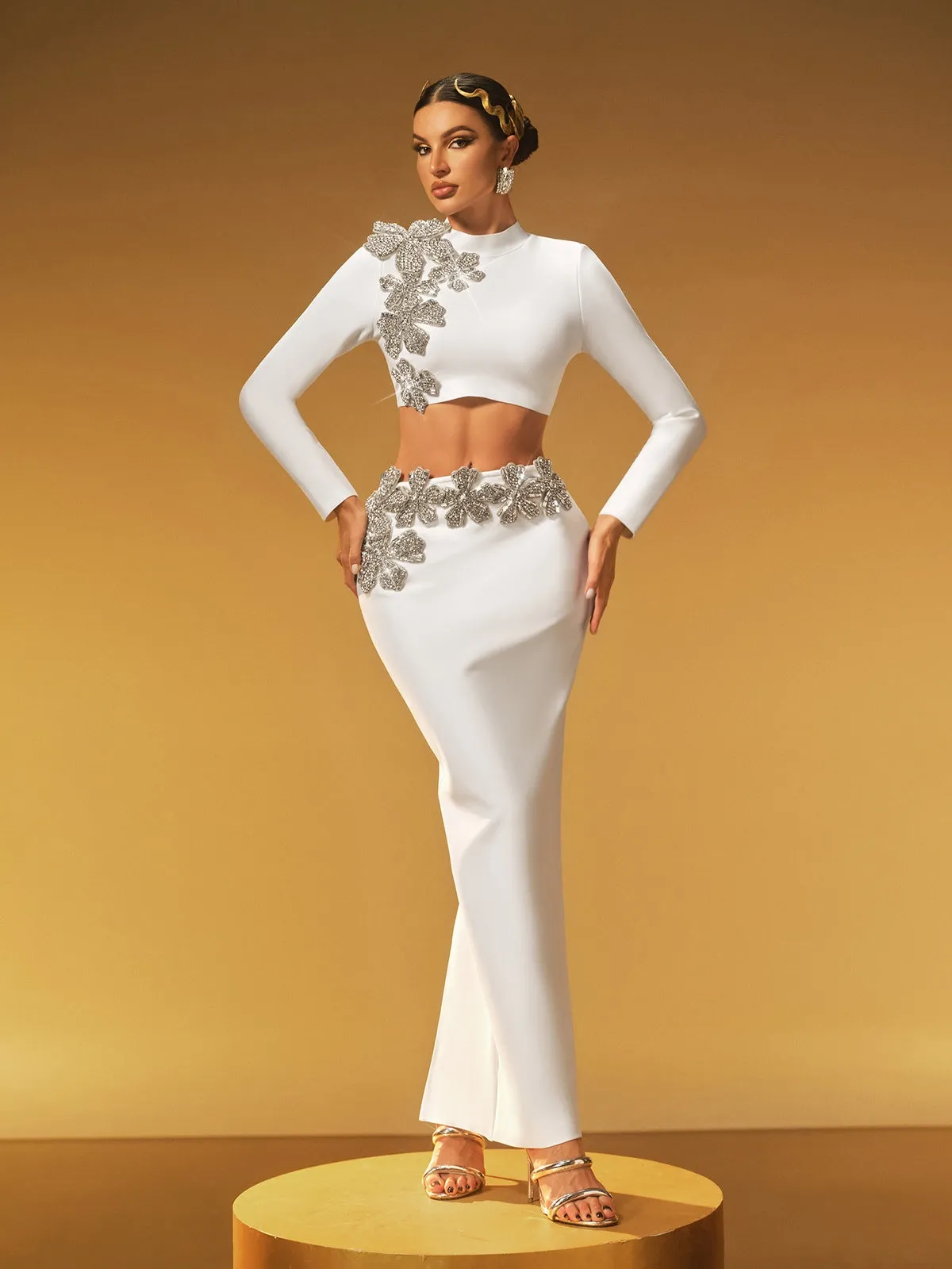 Almira Long Sleeve Flower Bandage Skirt Set In White sold by Mew Mews