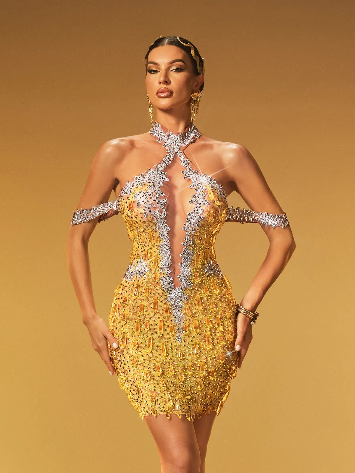 Krythos Halterneck Crystal Mesh Mini Dress In Chartreuse sold by Mew Mews product image thumbnail 3