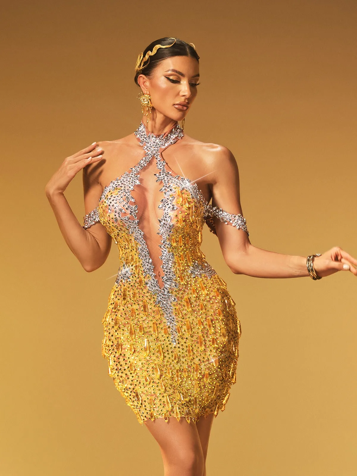 Krythos Halterneck Crystal Mesh Mini Dress In Chartreuse sold by Mew Mews product image thumbnail 4