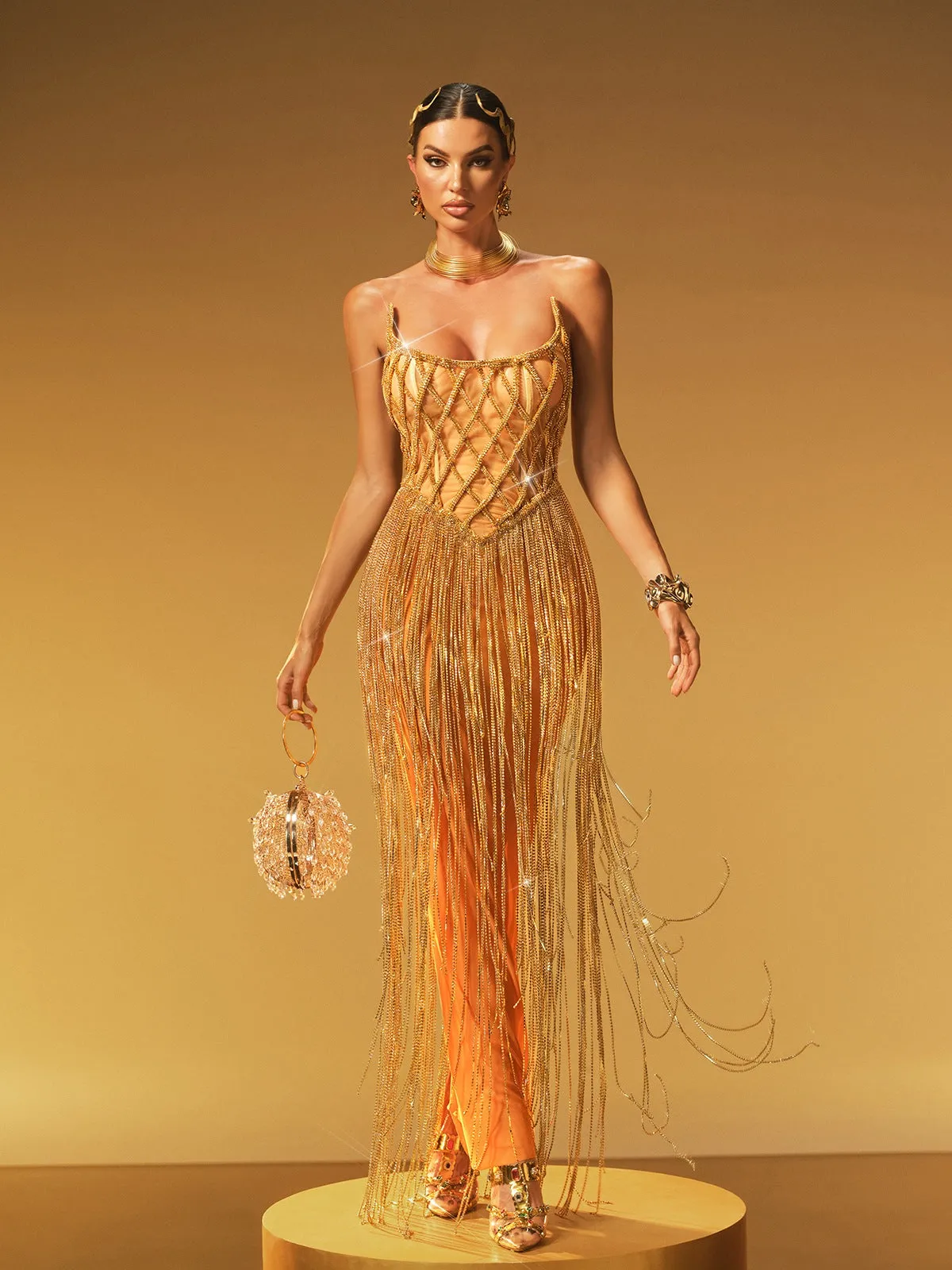 Jyrviel Strapless Chain Fringe Mesh Maxi Dress sold by Mew Mews
