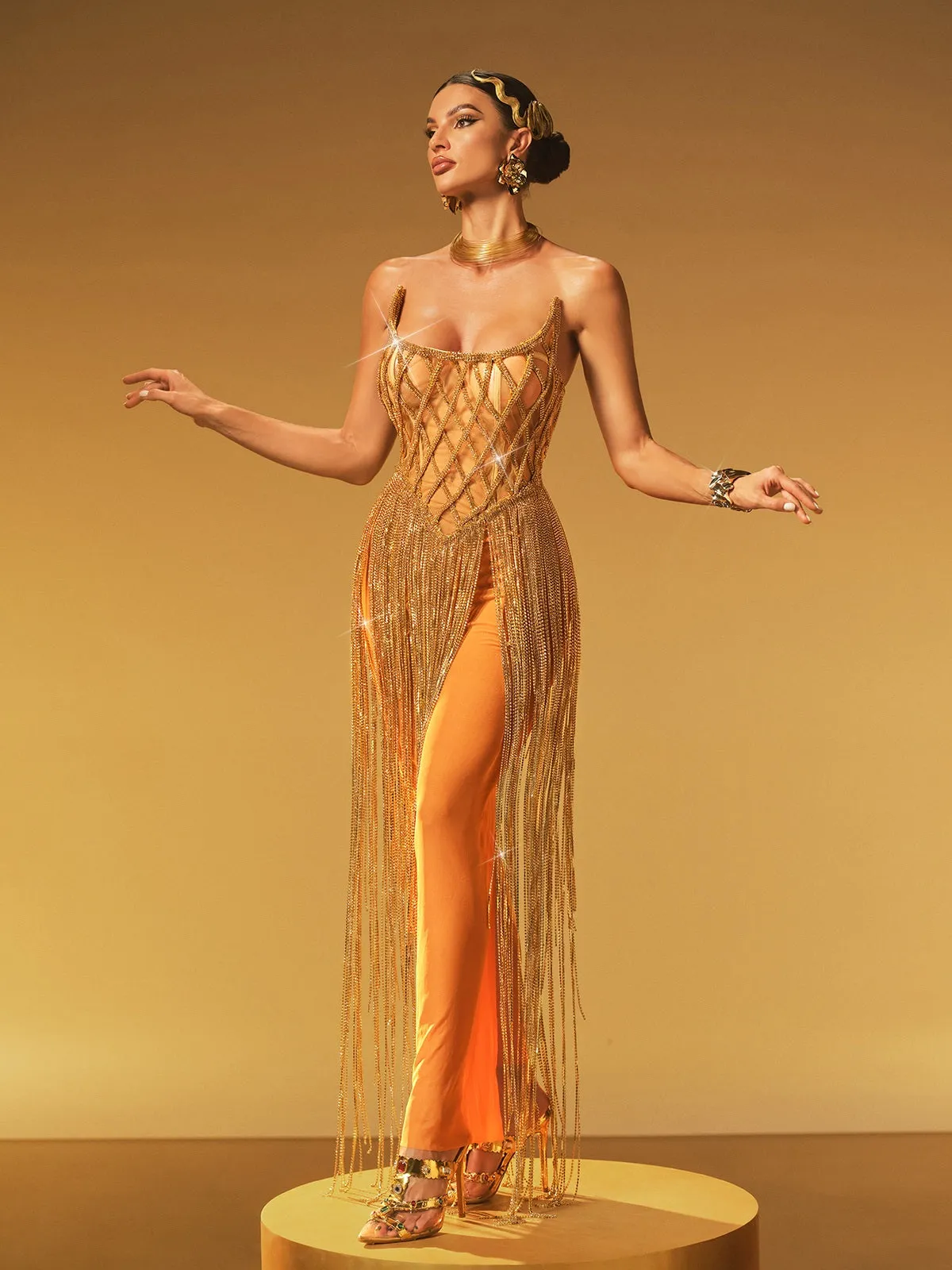 Jyrviel Strapless Chain Fringe Mesh Maxi Dress sold by Mew Mews product image thumbnail 2