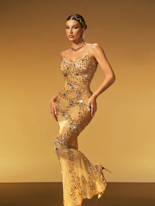 Jaldris Crystal Split Mesh Maxi Dress sold by Mew Mews