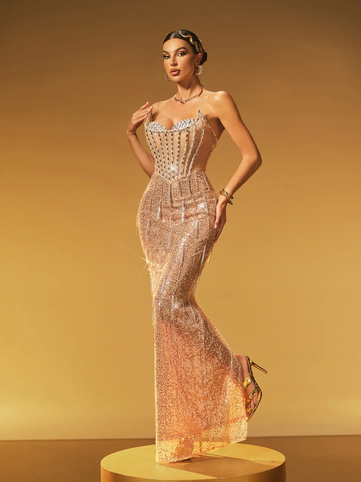 Jyressa Strapless Chain Fringe Sequin Maxi Dress sold by Mew Mews product image thumbnail 2