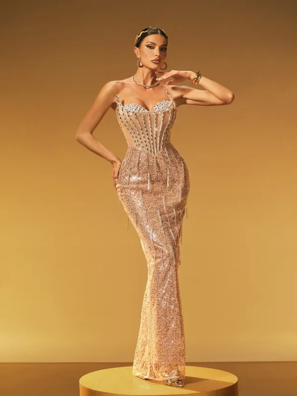 Jyressa Strapless Chain Fringe Sequin Maxi Dress sold by Mew Mews