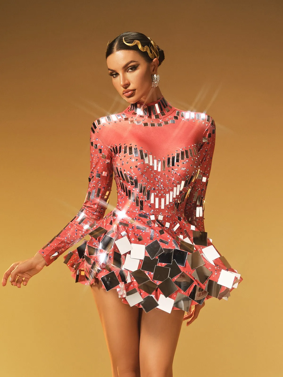 Ella Long Sleeve Embellished Mini Dress In Red sold by Mew Mews product image thumbnail 3