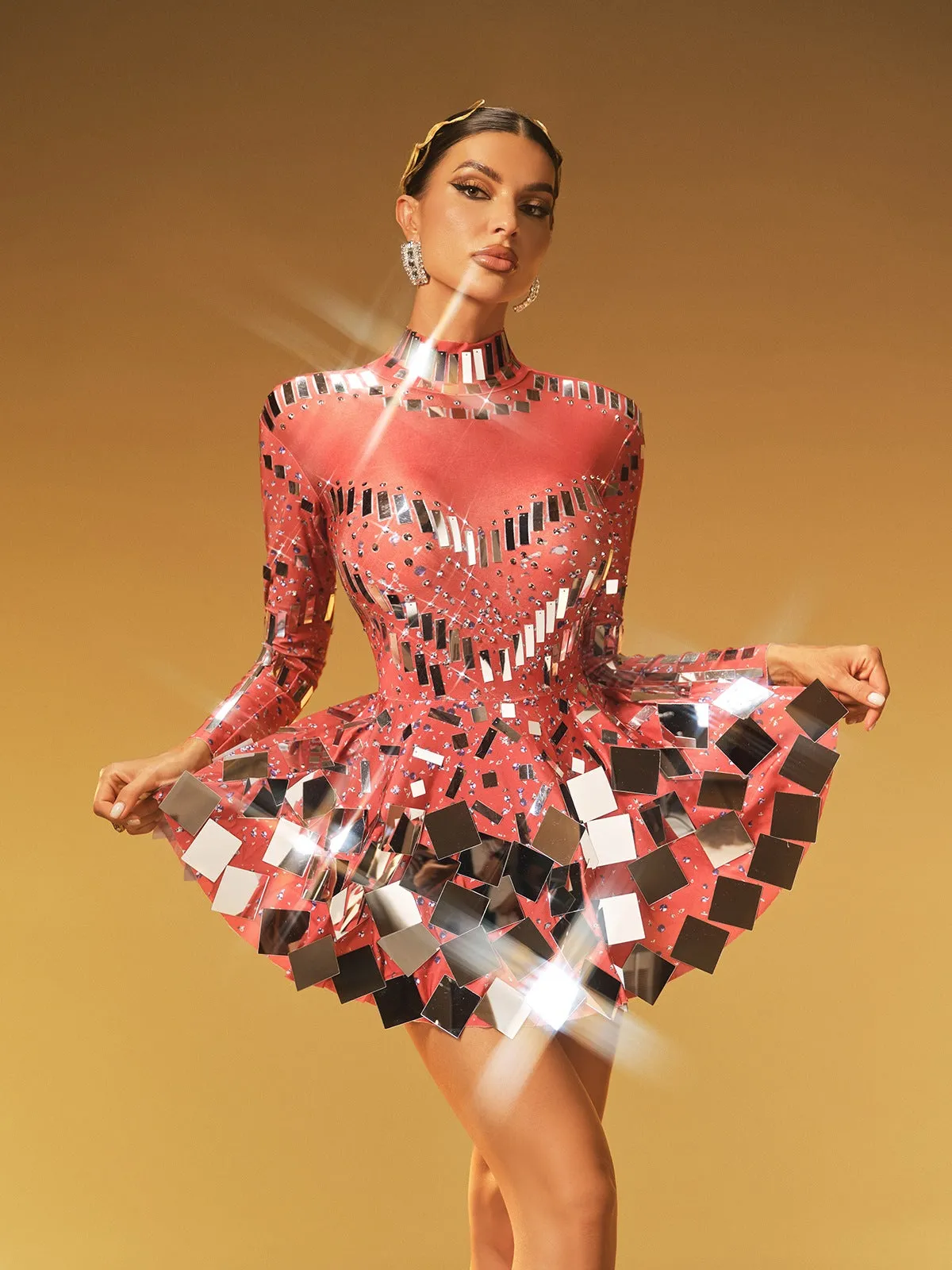 Ella Long Sleeve Embellished Mini Dress In Red sold by Mew Mews