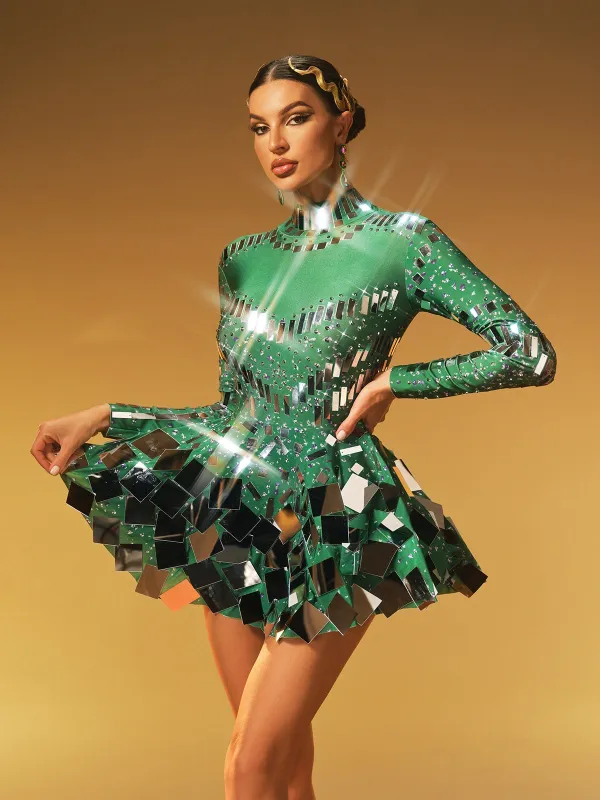 Ella Long Sleeve Embellished Mini Dress In Green sold by Mew Mews