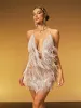 Fiadh Plunge Neck Crystal Chain Fringe Mini Dress sold by Mew Mews