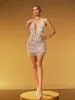 Fiadh Plunge Neck Crystal Chain Fringe Mini Dress sold by Mew Mews