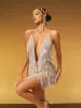 Fiadh Plunge Neck Crystal Chain Fringe Mini Dress sold by Mew Mews