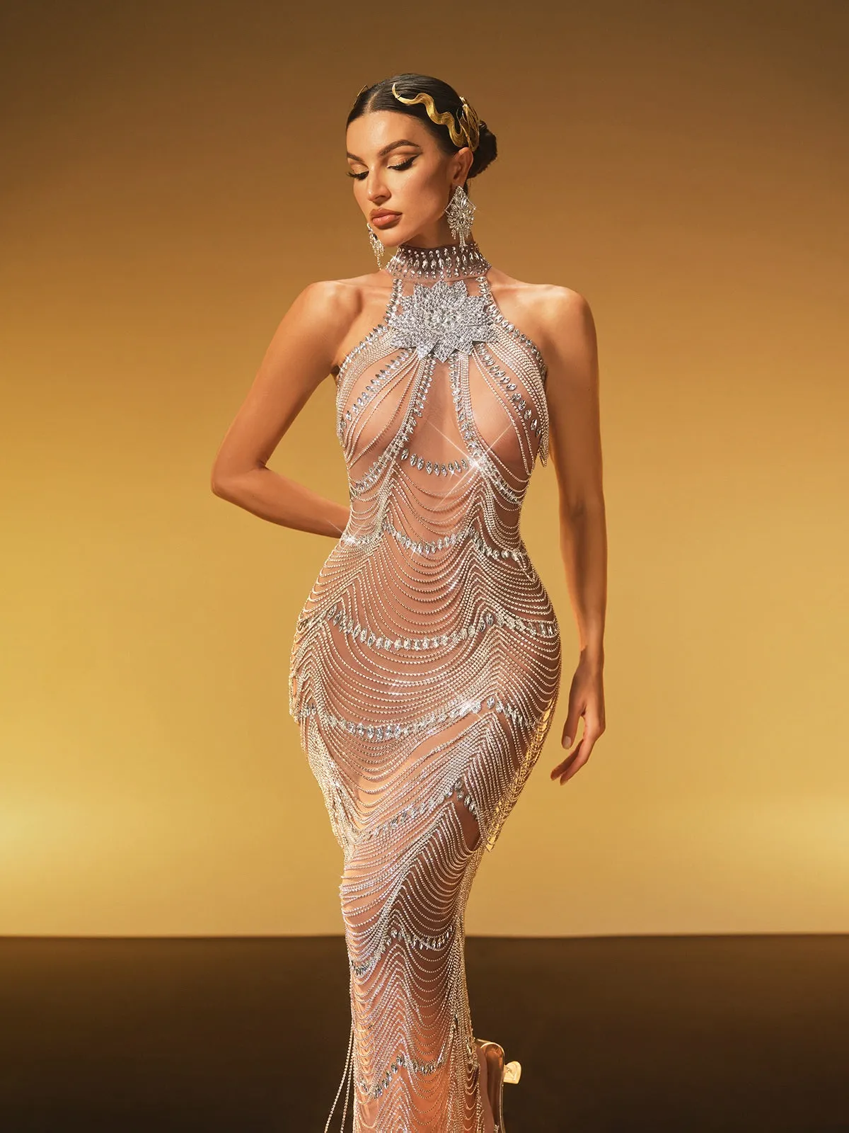 Hyrthos High Neck Crystal Chain Fringe Maxi Dress sold by Mew Mews product image thumbnail 4